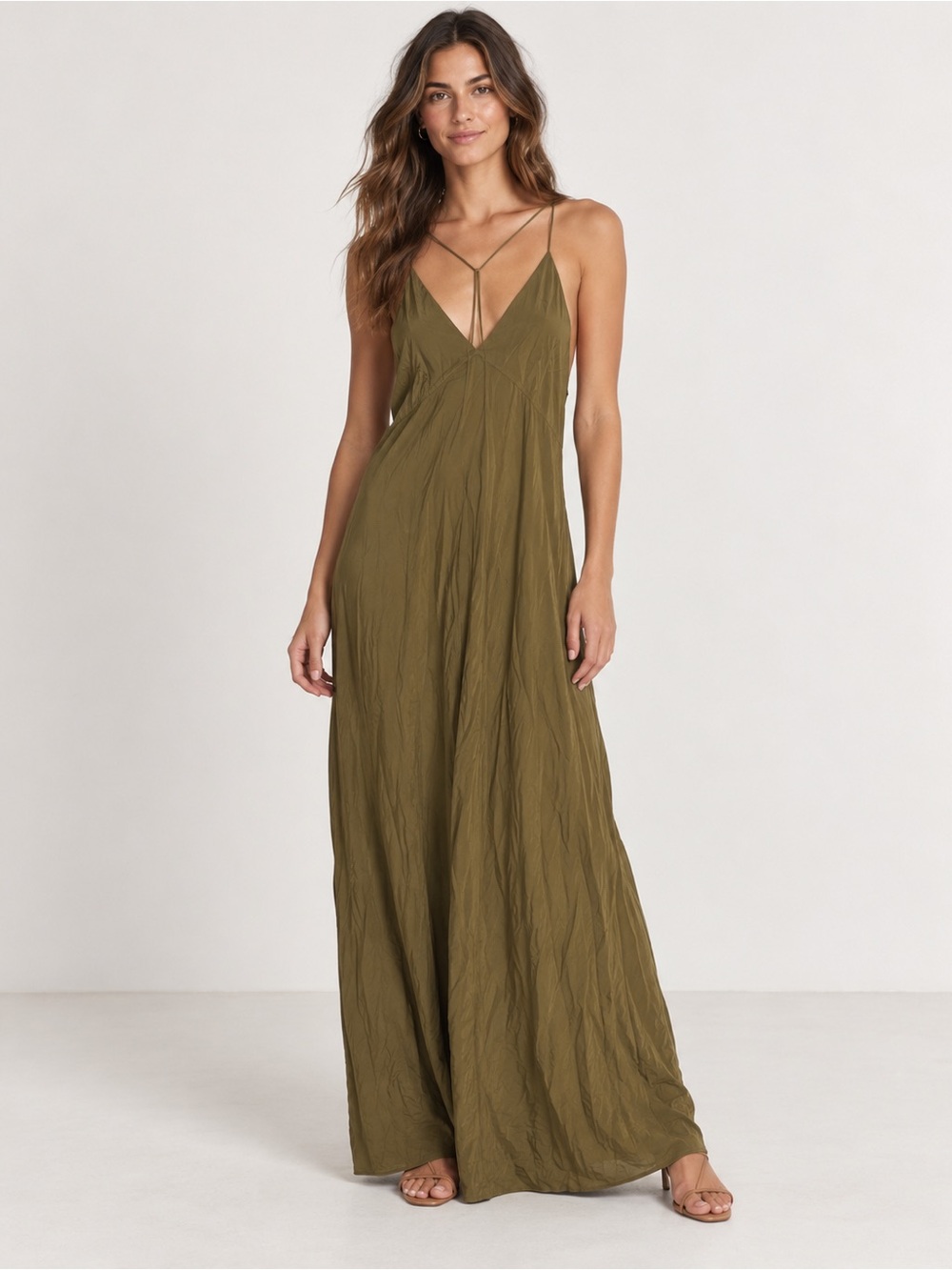 Zara Olive Green Slip Jumpsuit with Spaghetti Straps